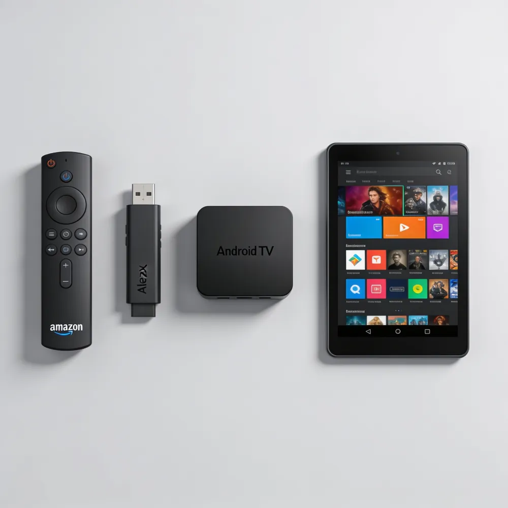 Streaming devices including Fire TV Stick, Android TV box, tablet and smartphone