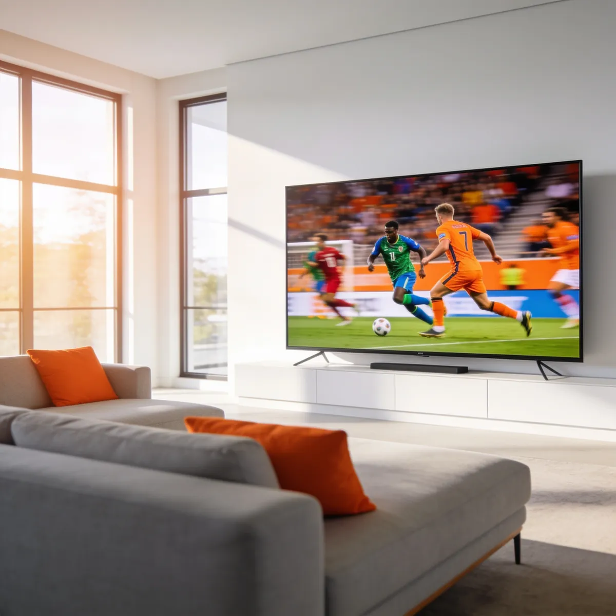 Modern living room with 65-inch TV displaying live sports via Extreme IPTV streaming service