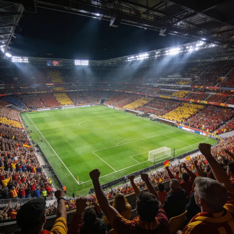 Packed football stadium under floodlights with fans cheering